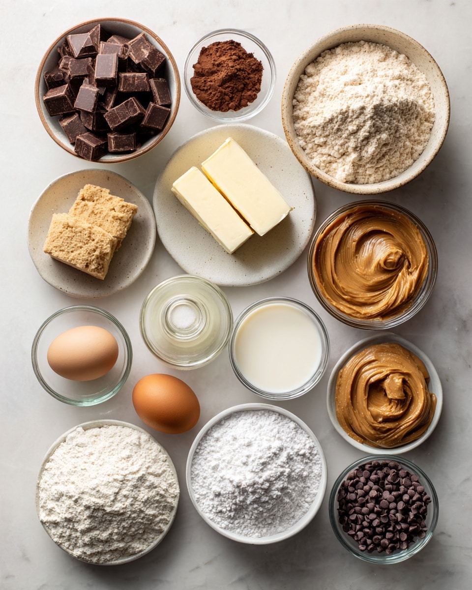 Top-down professional food photography flat lay style, bright white marble countertop, neatly arranged, evenly spaced, tidy, clean organized layout, include: small bowl of semisweet chocolate chunks, small plate of butter, small bowl of all-purpose flour, small bowl of baking powder, small bowl of salt, small plate with one egg, small bowl of granulated sugar, small glass bottle of vanilla essence, small bowl of softened butter, small bowl of creamy peanut butter, small bowl of powdered sugar, small glass cup of cream, small bowl of mini chocolate chips, bright soft natural lighting, sharp focus, high detail textures, realistic reflections, professional DSLR look, 4K, no finished dish, no cooked food, no hands, no text, no watermark, no brand logos --ar 4:5 --v 7