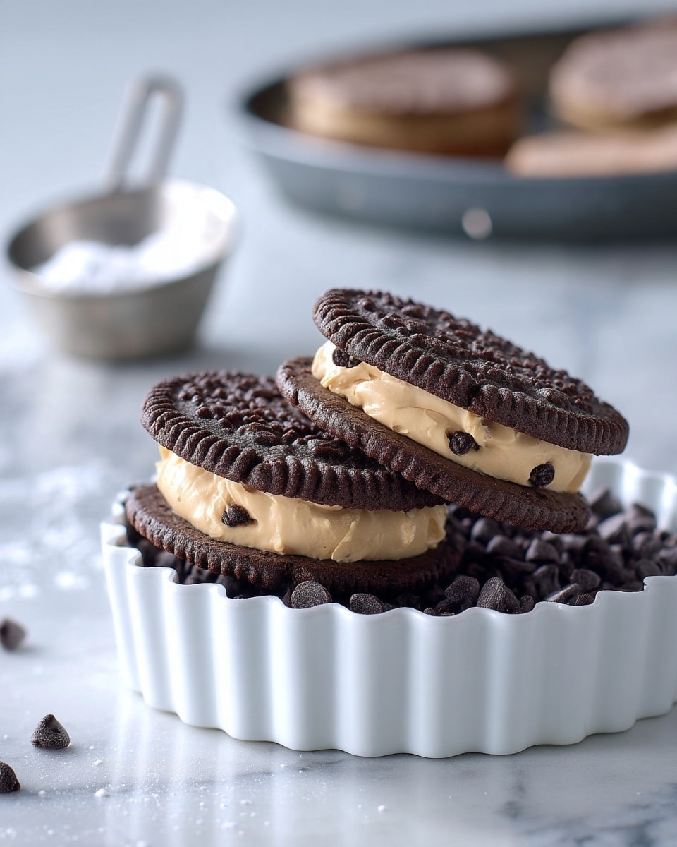 The image shows two sandwich cookies stacked in a slant on top of a white fluted tart pan filled with dark chocolate chips. Each sandwich cookie has two thin chocolate cookie layers that are cracked and have a slightly rough texture. Between the cookies, there is a thick, smooth, light beige cream filling, with some small dark spots likely from chocolate or raisins. The background is a blurred white marbled texture with a small metal cup containing white powder and another tray of cookies out of focus. Photo taken with an iphone --ar 4:5 --v 7