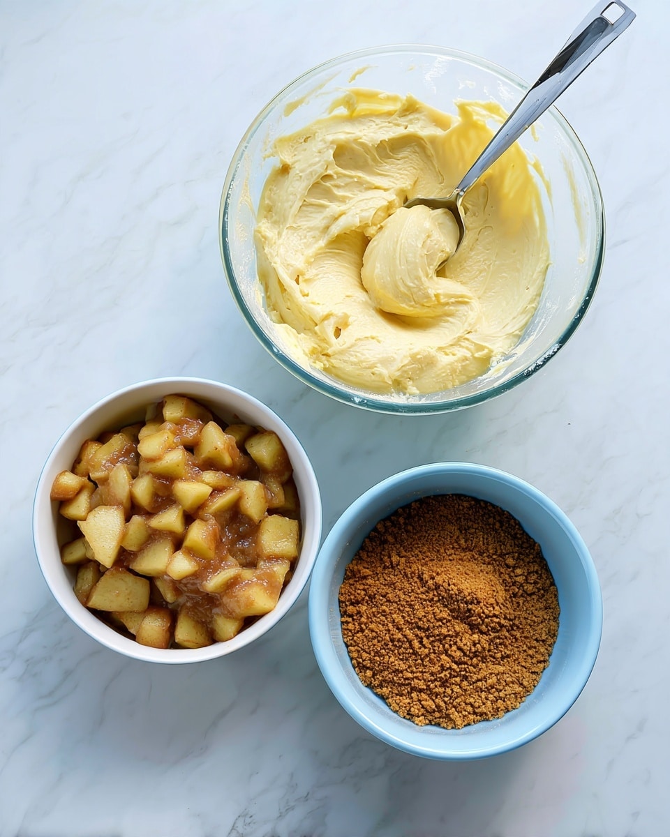 The image shows three bowls placed on a white marbled surface. The largest bowl is clear glass and contains a thick, creamy light yellow mixture with a metal scoop resting inside. Next to it, there is a smaller white bowl filled with chunky, cooked light brown apples. The third bowl is light blue and holds a fine, crumbly brown sugar mixture. The bowls are arranged close together with the creamy mixture in the center, the apples below it, and the brown sugar mixture to the top right. Photo taken with an iphone --ar 4:5 --v 7