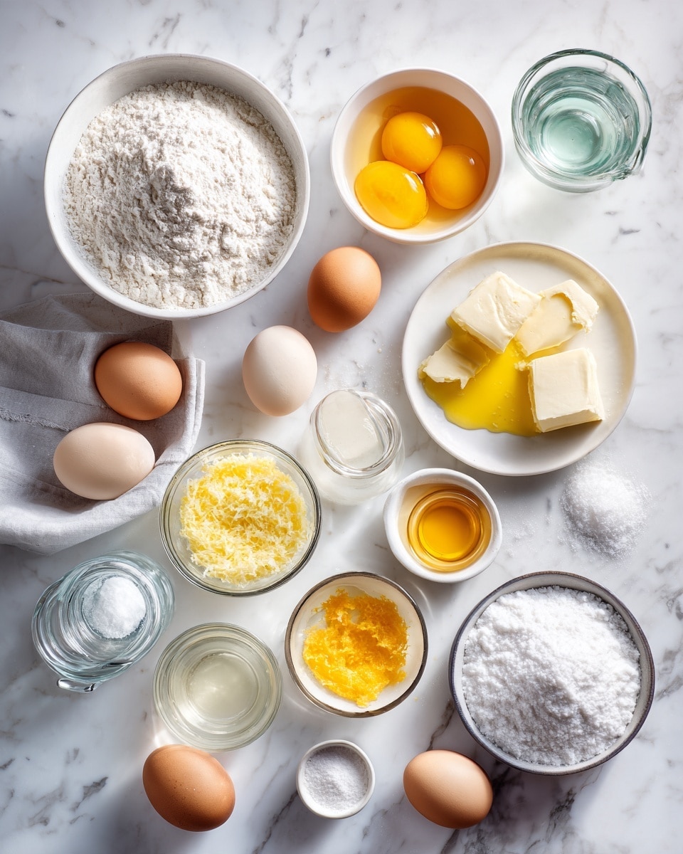 Top-down professional food photography, flat lay style, bright white marble countertop, neatly arranged, evenly spaced, tidy, clean organized layout, include: bowl of all-purpose flour, small bowl of granulated sugar, small plate with separated eggs, small plate with melted and slightly cooled unsalted butter, small glass cup of lukewarm milk, small glass cup of freshly squeezed lemon juice, small bowl with grated lemon zest from large lemons, small bottle of vanilla flavoring, small bowl of powdered sugar for dusting, bright soft natural lighting, sharp focus, high detail textures, realistic reflections, professional DSLR look, 4K, no finished dish, no cooked food, no hands, no text, no watermark, no brand logos --ar 4:5 --v 7