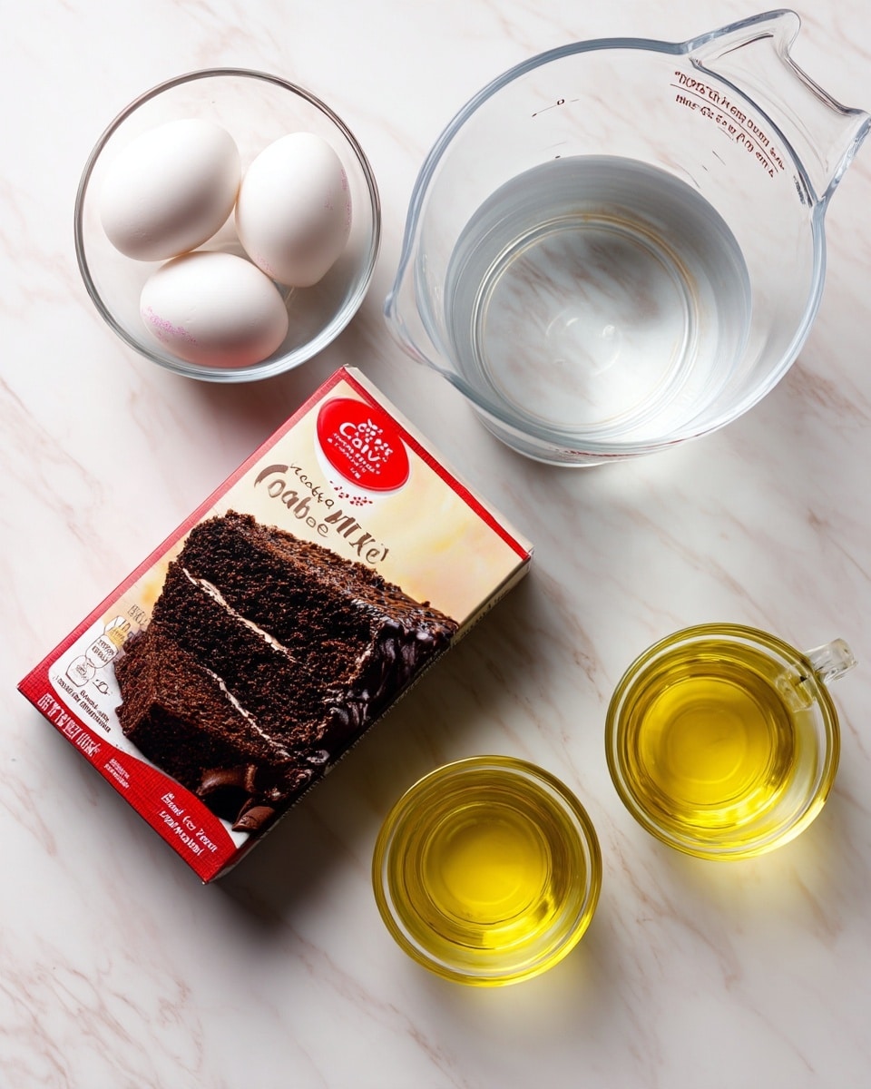 The image shows a white marbled surface with a box of dark chocolate cake mix in the center, featuring a picture of a slice of dark chocolate cake with two layers. To the left of the box, there is a clear glass bowl containing three white eggs. On the right side, two clear glass measuring cups are placed, one filled with clear water and the other with a light yellow oil. The overall setup is simple and clean. photo taken with an iphone --ar 4:5 --v 7