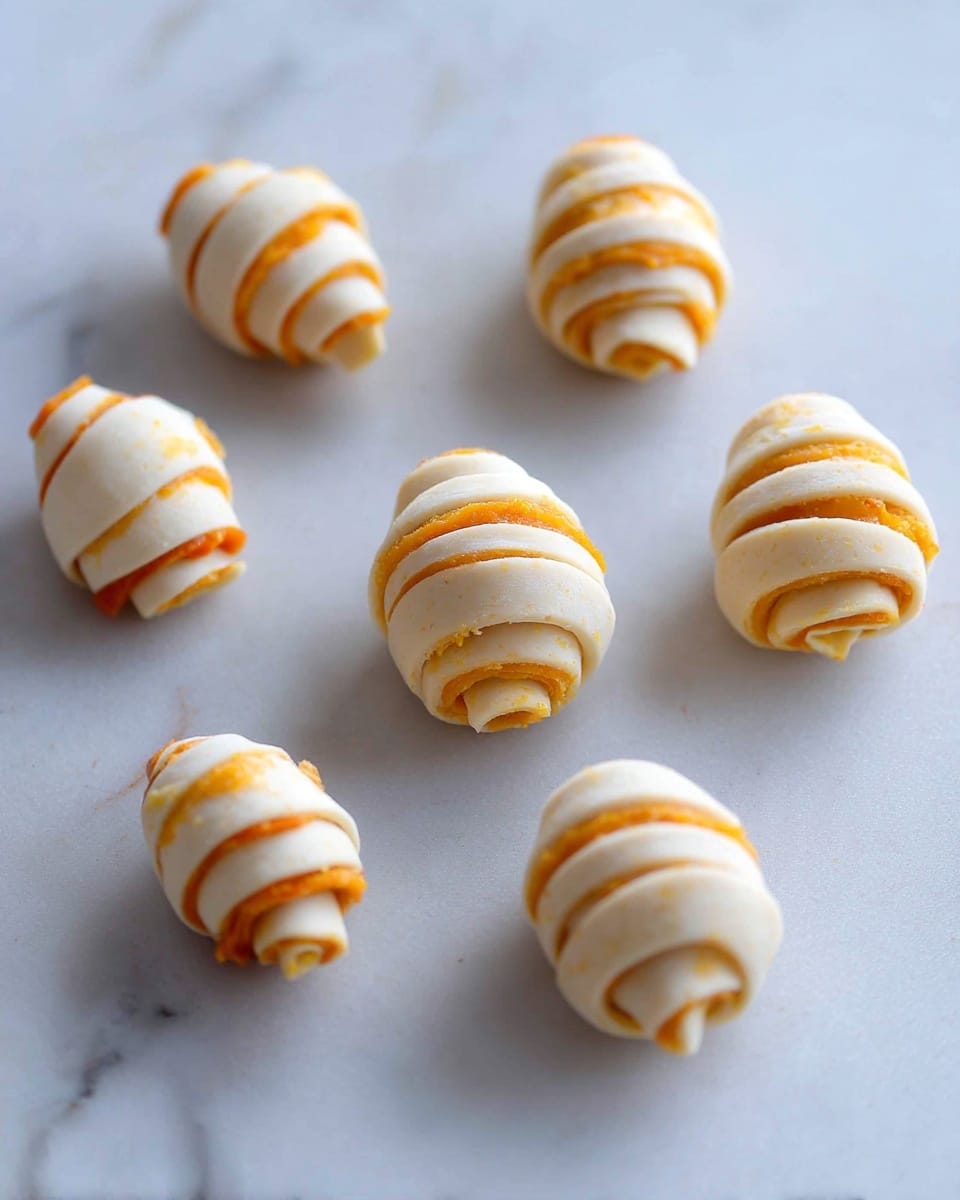 Six small, rolled dough pieces lie on a white marbled surface. Each piece has layers of light cream dough wrapped around a bright orange filling, visible in thin, spiral stripes inside the dough. They are placed randomly, showing smooth textures on the dough and a soft, slightly shiny filling. photo taken with an iphone --ar 4:5 --v 7