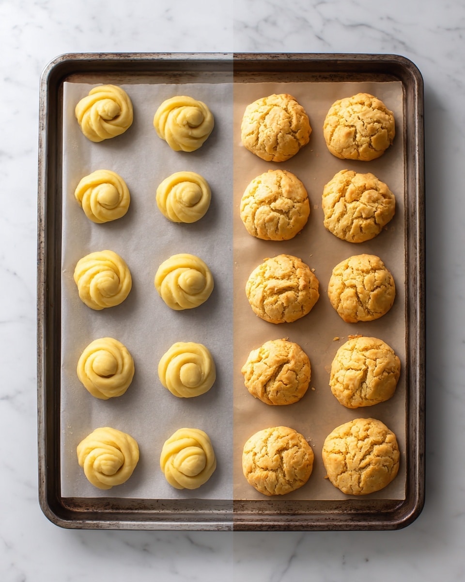 Two images side by side showing a baking tray with parchment paper on a white marbled surface. The left side shows 15 raw cookie dough balls arranged in three rows of five, each ball light yellow, smooth, and shaped like a small swirl with a slight peak in the middle. The right side shows the same tray after baking, with the dough now expanded into round, cracked cookies that are pale golden with a dry, slightly crumbly texture. The cookies are spaced evenly and have gentle cracks on top, giving a rough, rustic look. Photo taken with an iphone --ar 4:5 --v 7