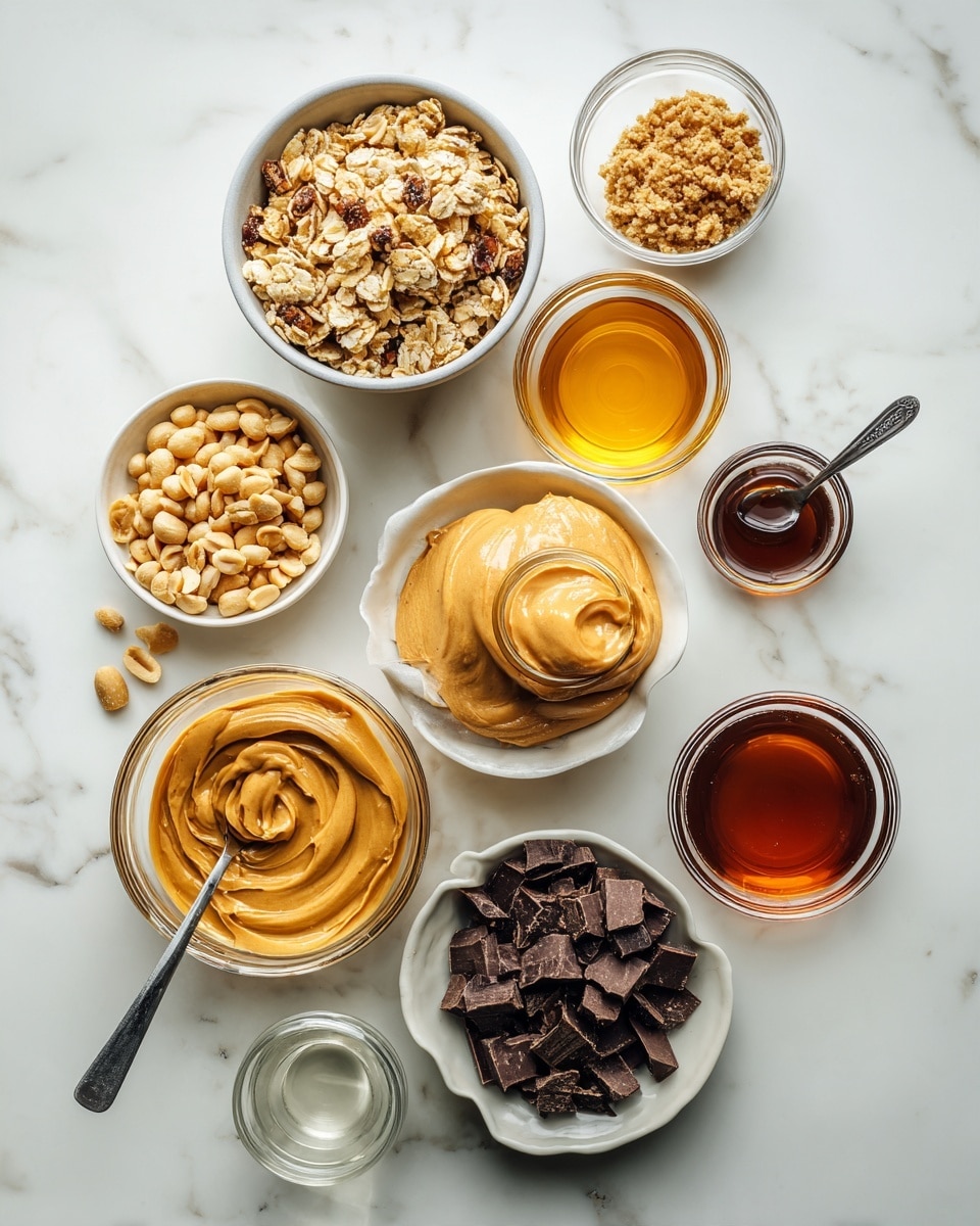 Top-down professional food photography, flat lay style, bright white marble countertop, neatly arranged, evenly spaced, tidy, clean organized layout, include: bowl of granola, small bowl of chopped peanuts, small bowl of creamy peanut butter, small glass cup of honey, glass measuring cup of melted peanut butter, bowl of chopped dark chocolate, small glass cup of coconut oil, bright soft natural lighting, sharp focus, high detail textures, realistic reflections, professional DSLR look, 4K, no finished dish, no cooked food, no hands, no text, no watermark, no brand logos --ar 4:5 --v 7