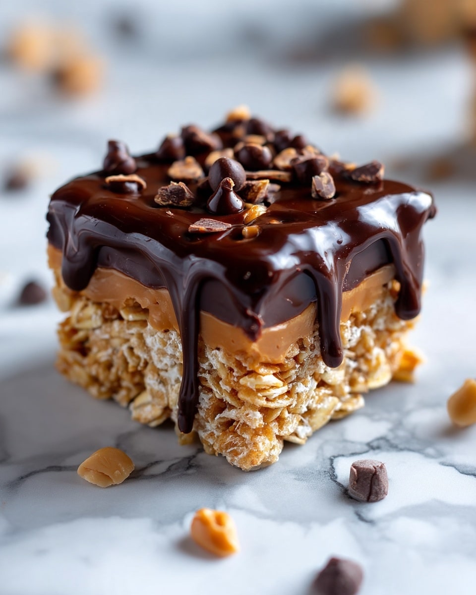 The image shows a single square treat with three clear layers on a white marbled surface. The bottom layer looks sticky and crunchy with light brown oats and pieces of nuts tightly packed together. The middle layer is a smooth, peanut butter color with a slightly creamy texture. The top layer is dark chocolate, shiny and thick, slightly dripping over the sides with a few oats stuck on it. There are a couple of small chocolate drops and nut pieces scattered around the treat. Photo taken with an iphone --ar 4:5 --v 7