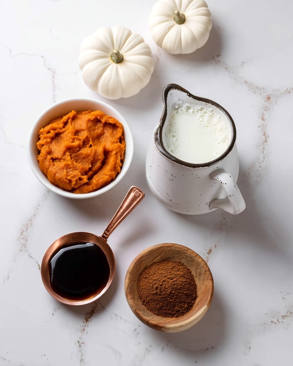 The image shows four small containers of ingredients on a white marbled surface. In the top left, there is a small white bowl filled with orange pumpkin puree, smooth in texture. To the right is a white speckled pitcher holding creamy white milk with a slightly rough surface and a curved spout. Below the pitcher, there is a small round wooden bowl filled with brown cinnamon powder, finely ground. At the bottom left, a copper spoon with a wooden handle holds dark brown maple syrup that looks thick and shiny. The background also includes some white mini pumpkins, adding a cozy autumn feel. Photo taken with an iphone --ar 4:5 --v 7