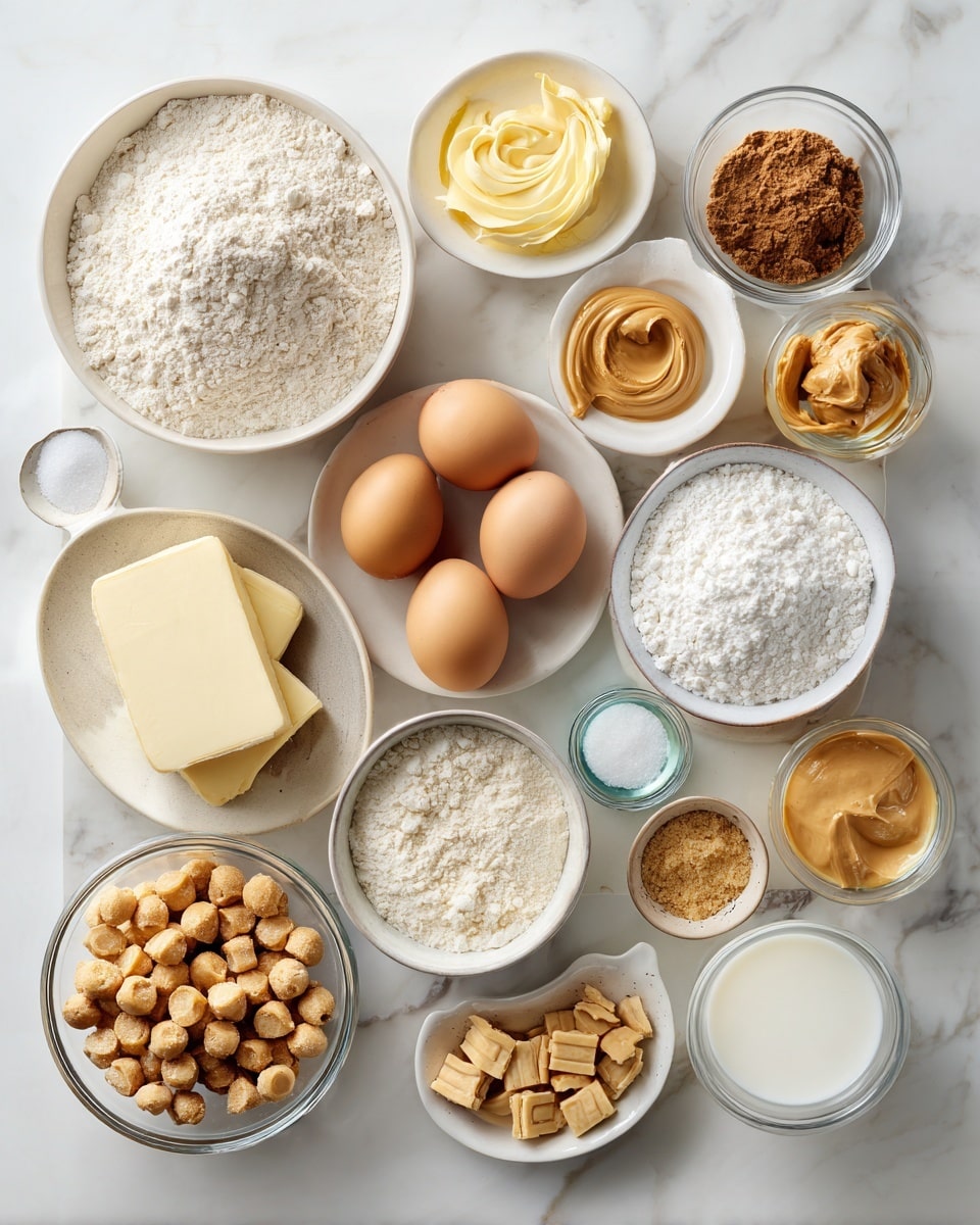 Top-down professional food photography flat lay style, bright white marble countertop, neatly arranged, evenly spaced, tidy, clean organized layout, include: bowl of all-purpose flour, small bowl of light brown sugar, small plate of unsalted butter, small plate of large eggs, small bowl of creamy peanut butter, small glass cup of vanilla flavoring, small bowl of cornstarch, small bowl of baking soda, small bowl of kosher salt, bowl of peanut butter chips, bowl of peanut butter candy pieces, bright soft natural lighting, sharp focus, high detail textures, realistic reflections, professional DSLR look, 4K, no finished dish, no cooked food, no hands, no text, no watermark, no brand logos --ar 4:5 --v 7