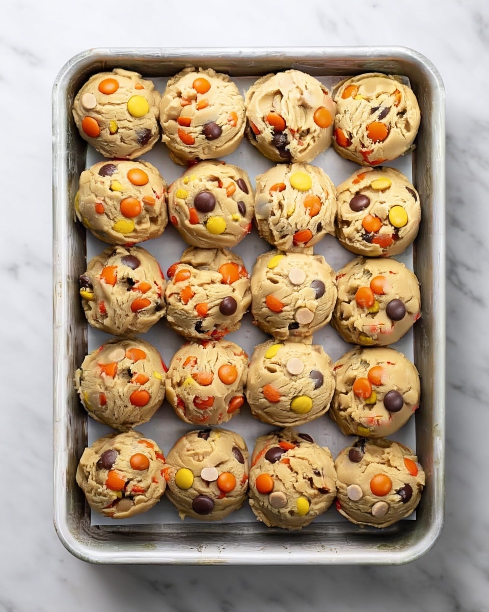 The image shows a silver metal baking tray filled with four rows of five round cookie dough balls each, making a total of twenty cookie dough balls. Each ball is light golden brown with a rough, slightly cracked texture, topped with colorful candy pieces in shades of orange, yellow, light brown, and dark brown, scattered unevenly across the surface. The tray sits on a white marbled surface, and the cookie dough balls look ready to be baked. photo taken with an iphone --ar 4:5 --v 7