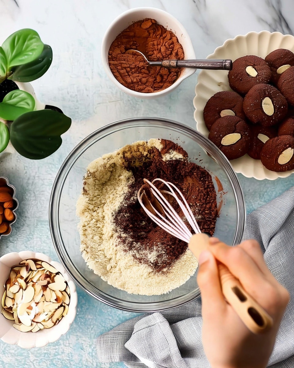 A clear glass bowl in the center holds light beige flour and dark brown cocoa powder, some parts already mixed with a woman's hand whisk. To the top right is a white scalloped plate with round dark brown cookies, each topped with a light almond slice. Above the bowl, there is a white bowl filled with cocoa powder and a spoon inside it. Below the bowl to the left, a small white bowl contains sliced light beige almonds. The setting is on a white marbled surface with a gray cloth napkin near the bowl, and green leaves peek in from the left side. Photo taken with an iphone --ar 4:5 --v 7