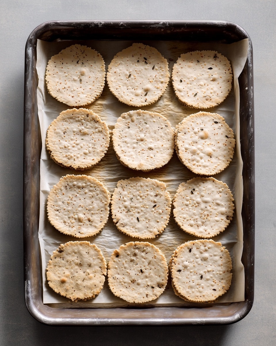 The image shows a metal baking tray lined with parchment paper, holding twelve round, thin, beige flatbread pieces with visible small seeds evenly spread throughout. The flatbreads have textured, slightly uneven edges and are arranged in a neat, three-by-four grid. The surface beneath the tray is not visible, focusing attention on the tray and its contents. The overall look is simple and rustic, highlighting the natural color and texture of the flatbreads. photo taken with an iphone --ar 4:5 --v 7