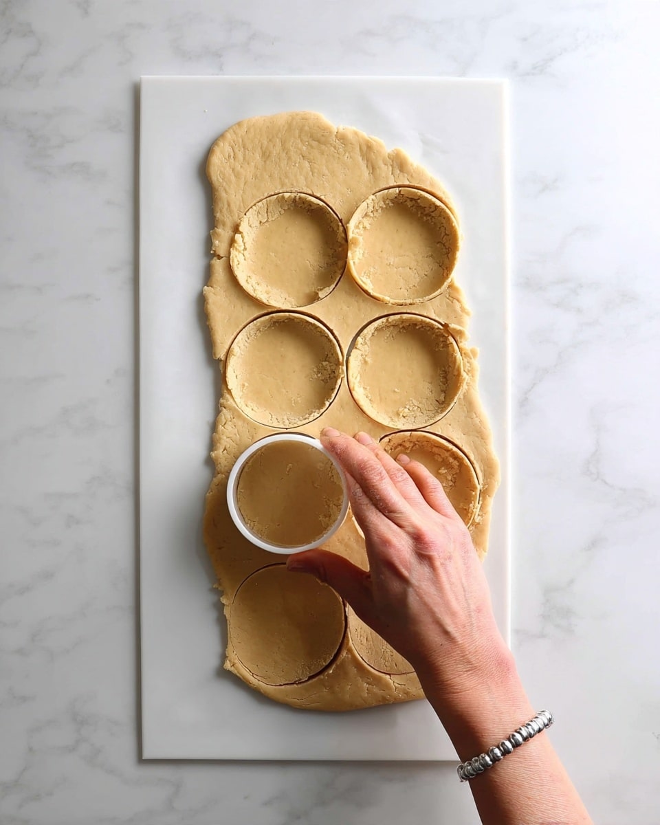A flat layer of light brown dough is rolled out on white parchment paper, placed over a white marbled surface. Seven circular shapes have been pressed out of the dough, evenly spaced in two rows with three circles on top and four below. A woman's hand holds a round white cutter with a handle, pressed on the dough ready to cut another circle. The edges of the dough around the circles are uneven and soft textured. photo taken with an iphone --ar 4:5 --v 7