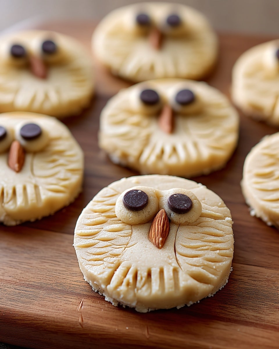 The image shows several round cookie dough pieces on a wooden board, each decorated to look like an owl face. Each cookie has two small round dough circles on top with dark chocolate chips in the center, forming the eyes. Below the eyes, there is a single almond placed vertically in the middle to look like the beak. The surface of the cookie dough is textured with small curved lines on both sides, resembling feathers, and short straight lines near the bottom edge to mimic a wing pattern. The dough is light beige in color, smooth but with clear carved details. photo taken with an iphone --ar 4:5 --v 7