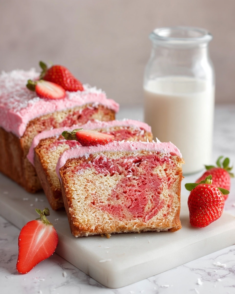 The image shows three slices of moist pink and beige swirled cake stacked on a white surface with a white marbled texture. Each slice has a thick layer of light pink frosting on top, sprinkled with shredded coconut. One slice has a small half strawberry placed on the frosting. There are two halved strawberries placed near the cake slices, adding a fresh red color to the scene. To the side, there is a clear glass bottle filled with white milk. Photo taken with an iphone --ar 4:5 --v 7