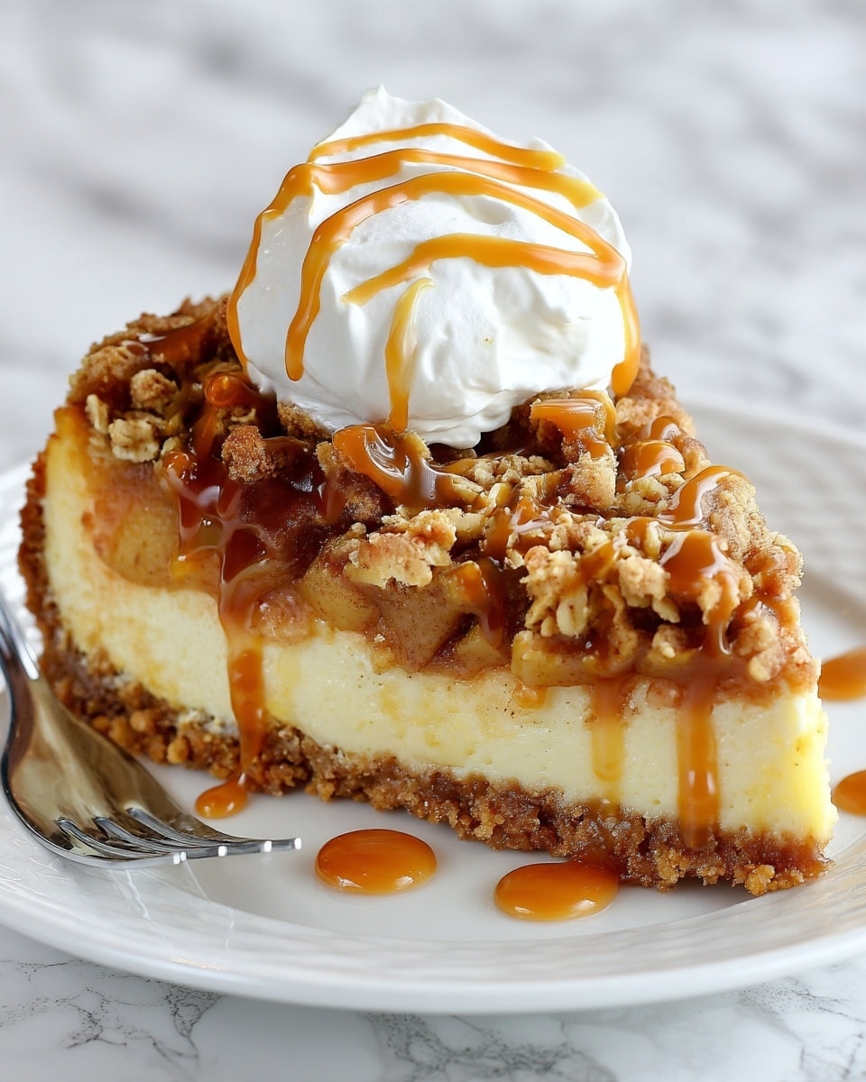The image shows a slice of dessert with three visible layers on a white plate, placed on a white marbled surface. The bottom layer is a thin, firm, and crumbly crust that is light brown in color. The middle layer is thick, smooth, and creamy, pale yellow in color. The top layer is crumbly and textured like a streusel with oat pieces, light brown in color, with small pools of caramel sauce drizzled over it. On top of the dessert slice, there is a large dollop of white whipped cream with extra caramel sauce drizzled in thin lines over the whipped cream. A metal fork is partly visible near the plate. Photo taken with an iphone --ar 4:5 --v 7