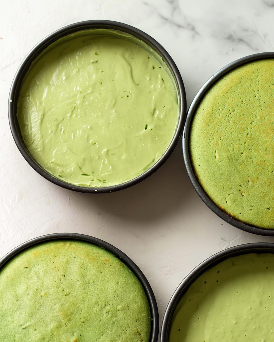 The image shows two round pans filled with a light green batter on a white marbled surface. The pan on the left holds a smooth, thick, light green batter with a few small bubbles and slight texture on the surface. The pan on the right shows the same batter after baking, forming a smooth, slightly risen, matte green cake with tiny air spots evenly spread. The top of the cake has an even light green color with a soft texture. Another similar pan with a bit of batter or cake is partially visible near the top right. photo taken with an iphone --ar 4:5 --v 7