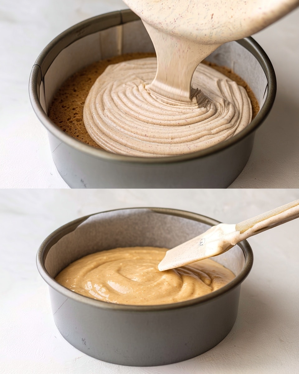 The images show a round baking pan with a soft, light brown batter being poured inside and smoothed out. The batter has small specks that give it a speckled texture. The first image captures the batter flowing in thick ropes into the pan, creating gentle ridges. In the second image, a white spatula smooths the batter evenly across the surface, leaving faint swirl marks. The pan is lined with parchment paper and sits on a white marbled surface. Photo taken with an iphone --ar 4:5 --v 7