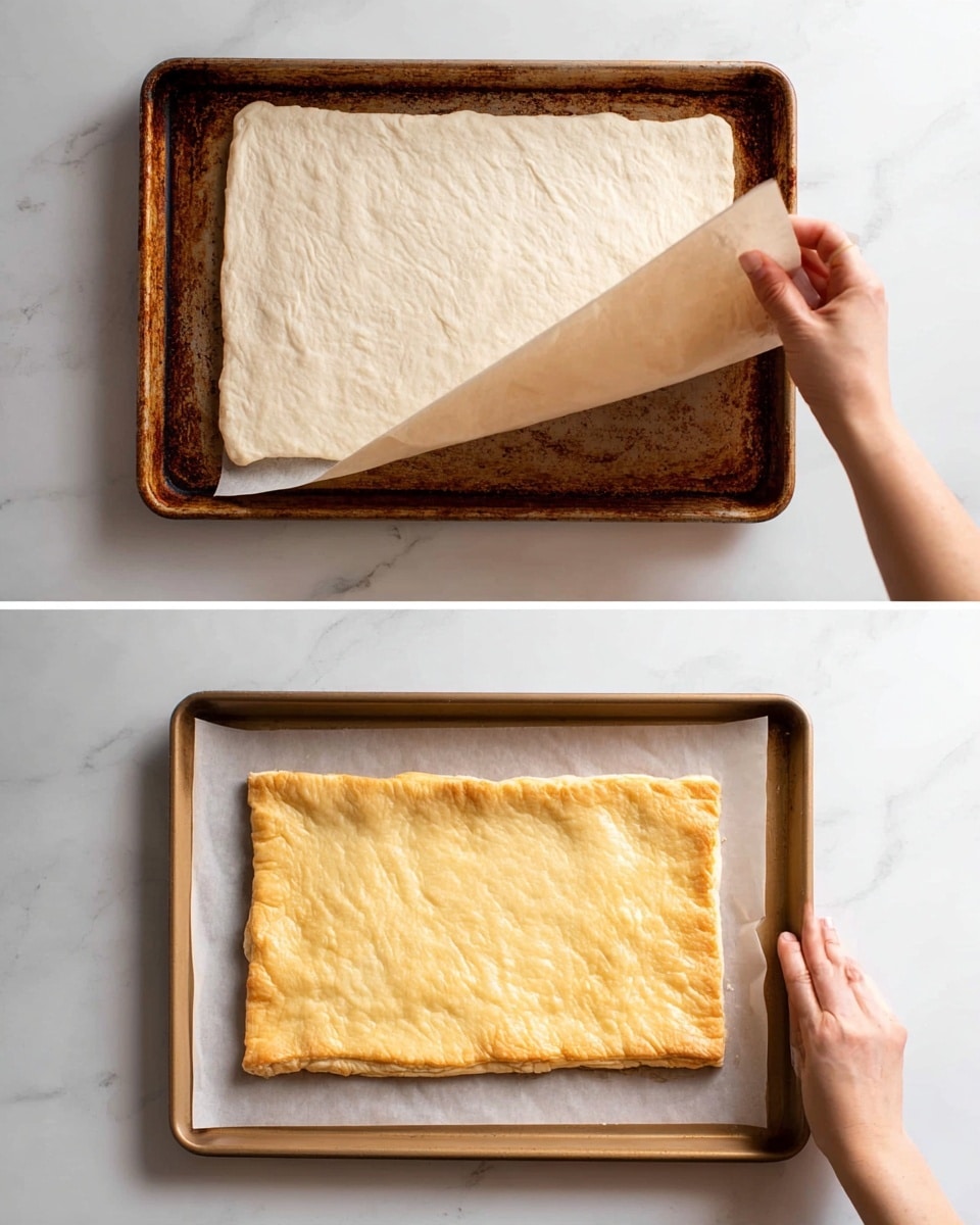 Two images show the process of baking a puff pastry sheet. In the first image, a woman's hand lifts a rusty baking tray to reveal a raw, light beige, rectangular puff pastry sheet lying flat on parchment paper on another baking tray. The pastry has a smooth, slightly wrinkled texture. In the second image, the baked puff pastry is shown on the same baking tray with parchment paper. It is golden brown and puffed up, with a flaky, crisp texture on the edges and a slightly dimpled surface. The shape remains a large rectangle with rounded corners. The setting is a white marbled surface. photo taken with an iphone --ar 4:5 --v 7