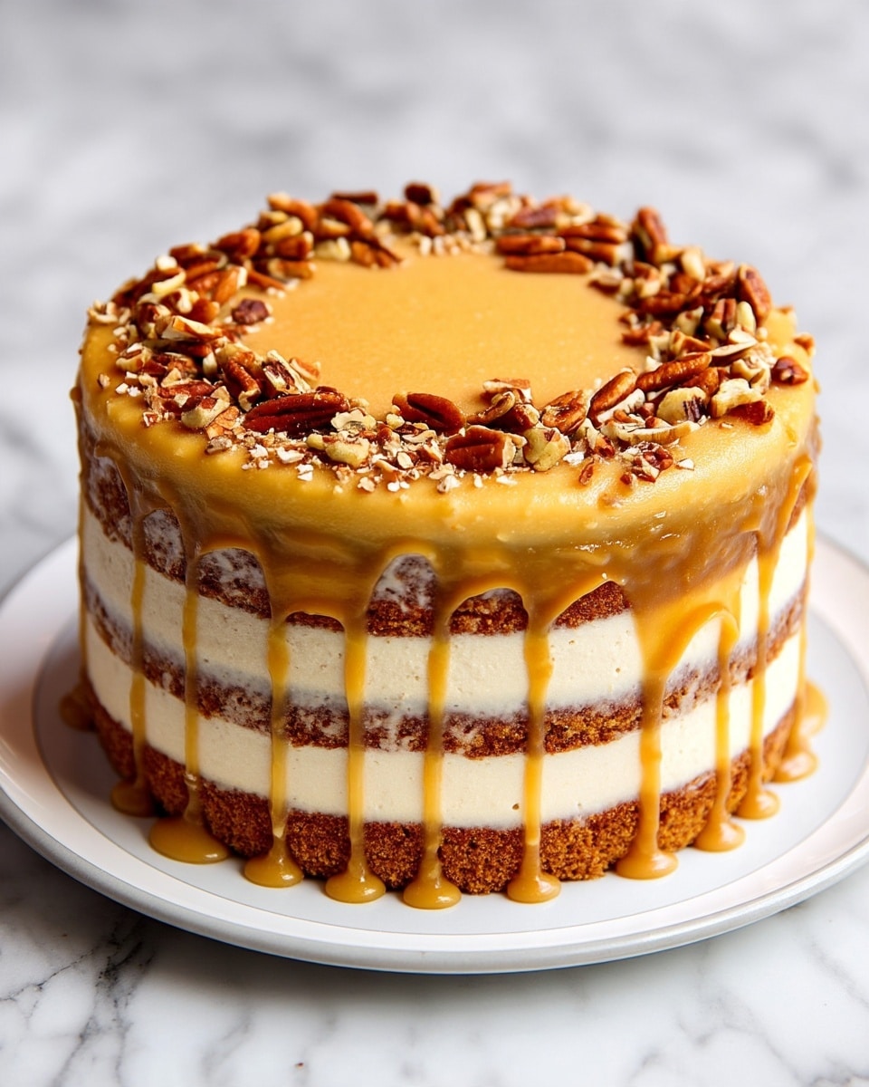This is a three-layer cake with thick beige frosting between each layer and on top. The top layer is covered with a smooth light brown caramel-like glaze that drips slightly down the sides. A circle of roughly chopped pecan nuts decorates the edge of the top surface, contrasting with the creamy colors. The cake is displayed on a white plate, sitting on a white marbled surface. Photo taken with an iphone --ar 4:5 --v 7