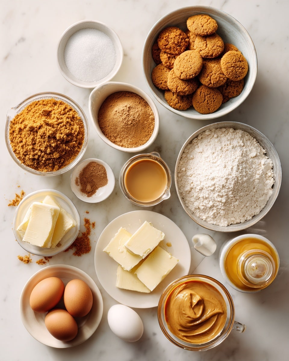 Top-down professional food photography flat lay style, bright white marble countertop, neatly arranged, evenly spaced, tidy, clean organized layout, include: bowl of finely crushed spiced cookies, small bowl of granulated sugar, small bowl of light brown sugar, small bowl of pumpkin pie spice, small bowl of all-purpose flour, glass measuring cup of pumpkin puree, glass measuring cup of melted butter, bottle of vanilla flavoring, small plate of softened cream cheese bricks, small plate of whole eggs, small glass cup of smooth cookie butter drizzle, bright soft natural lighting, sharp focus, high detail textures, realistic reflections, professional DSLR look, 4K, no finished dish, no cooked food, no hands, no text, no watermark, no brand logos --ar 4:5 --v 7