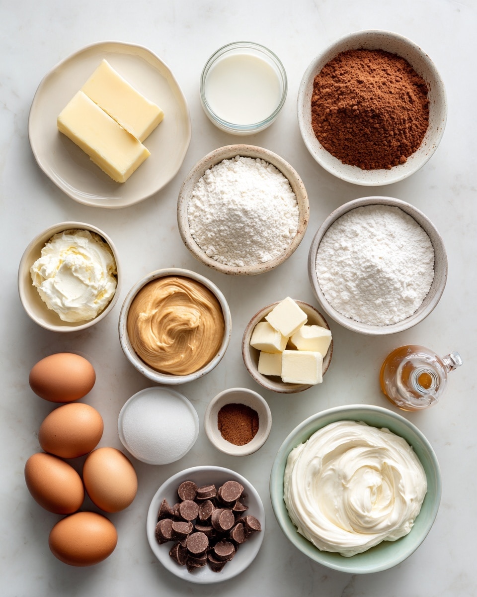 Top-down professional food photography, flat lay style, bright white marble countertop, neatly arranged, evenly spaced, tidy, clean organized layout, include: small plate with softened unsalted butter, small bowl of cream cheese, small bowl of granulated sugar, two eggs on small plate, small bowl of all-purpose flour, small bowl of unsweetened cocoa powder, small bowl of baking powder, small bowl of salt, small bowl of softened cream cheese, small bowl of creamy peanut butter, small bowl of powdered sugar, small glass cup of heavy whipping cream, small bottle of vanilla flavoring, small bowl of finely chopped mini peanut butter cups, bright soft natural lighting, sharp focus, high detail textures, realistic reflections, professional DSLR look, 4K, no finished dish, no cooked food, no hands, no text, no watermark, no brand logos --ar 4:5 --v 7