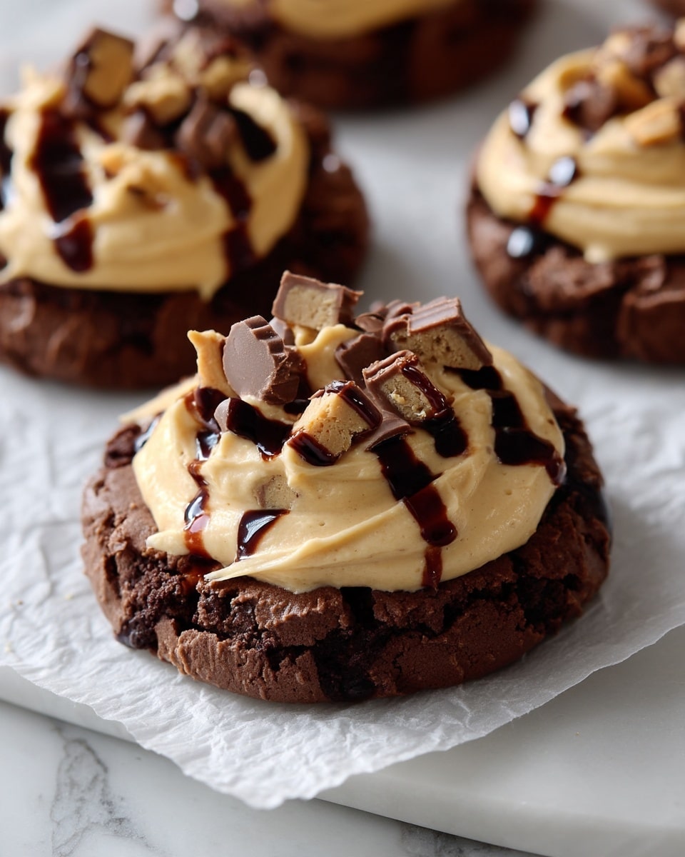 The image shows thick, round chocolate cookies placed on a crinkled parchment paper over a white marbled surface. Each cookie has three layers: the bottom dark brown, rough textured cookie base; a middle layer of smooth, creamy light beige frosting dolloped on top; and a topping layer with small chunks of chocolate peanut butter pieces scattered over the frosting. Drizzles of dark chocolate sauce add a glossy contrast over the frosting and cookie edges. Photo taken with an iphone --ar 4:5 --v 7