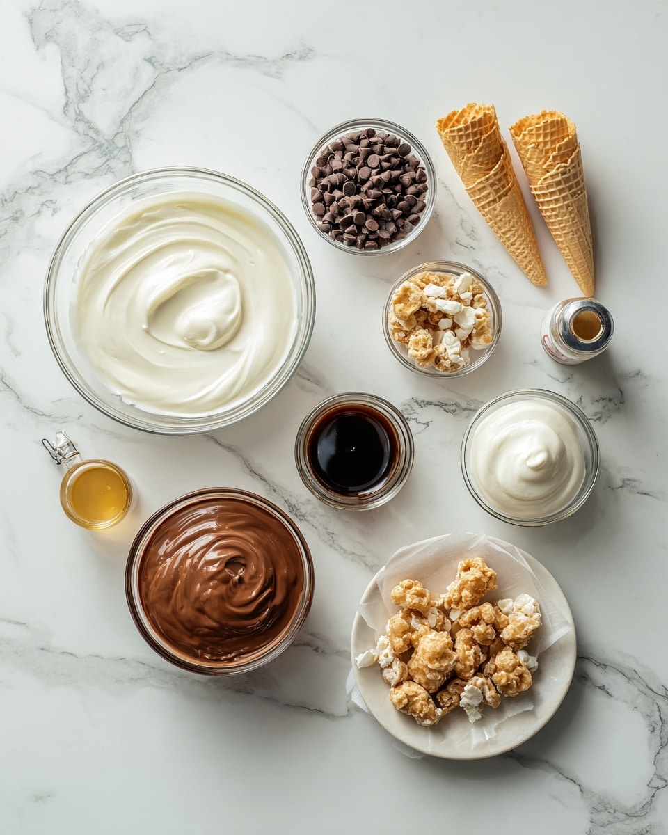 Top-down professional food photography flat lay style, bright white marble countertop, neatly arranged, evenly spaced, tidy, clean organized layout, include: large glass bowl of heavy cream, small bowl of semi-sweet chocolate chips, small can without label of sweetened condensed milk, small bottle of vanilla essence, small plate with crushed waffle cone pieces, small glass cup with melted semi-sweet chocolate, small glass cup with warm heavy cream for fudge swirl, small bowl with smooth chocolate fudge mixture, parchment paper sheet under chocolate coated waffle cone pieces, bright soft natural lighting, sharp focus, high detail textures, realistic reflections, professional DSLR look, 4K, no finished dish, no cooked food, no hands, no text, no watermark, no brand logos --ar 4:5 --v 7