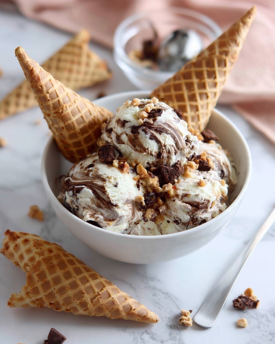 The image shows a white bowl filled with ice cream that has two main layers: a creamy white base swirled with rich brown chocolate streaks. There are small chunks of chocolate and light brown crunchy pieces mixed throughout the ice cream, creating a textured look. Next to the bowl are light brown waffle cones with a crisscross pattern and a small clear glass bowl holding a spoon and a scoop of the same ice cream. Everything is placed on a white marbled surface, and a soft pink fabric is seen in the background. photo taken with an iphone --ar 4:5 --v 7