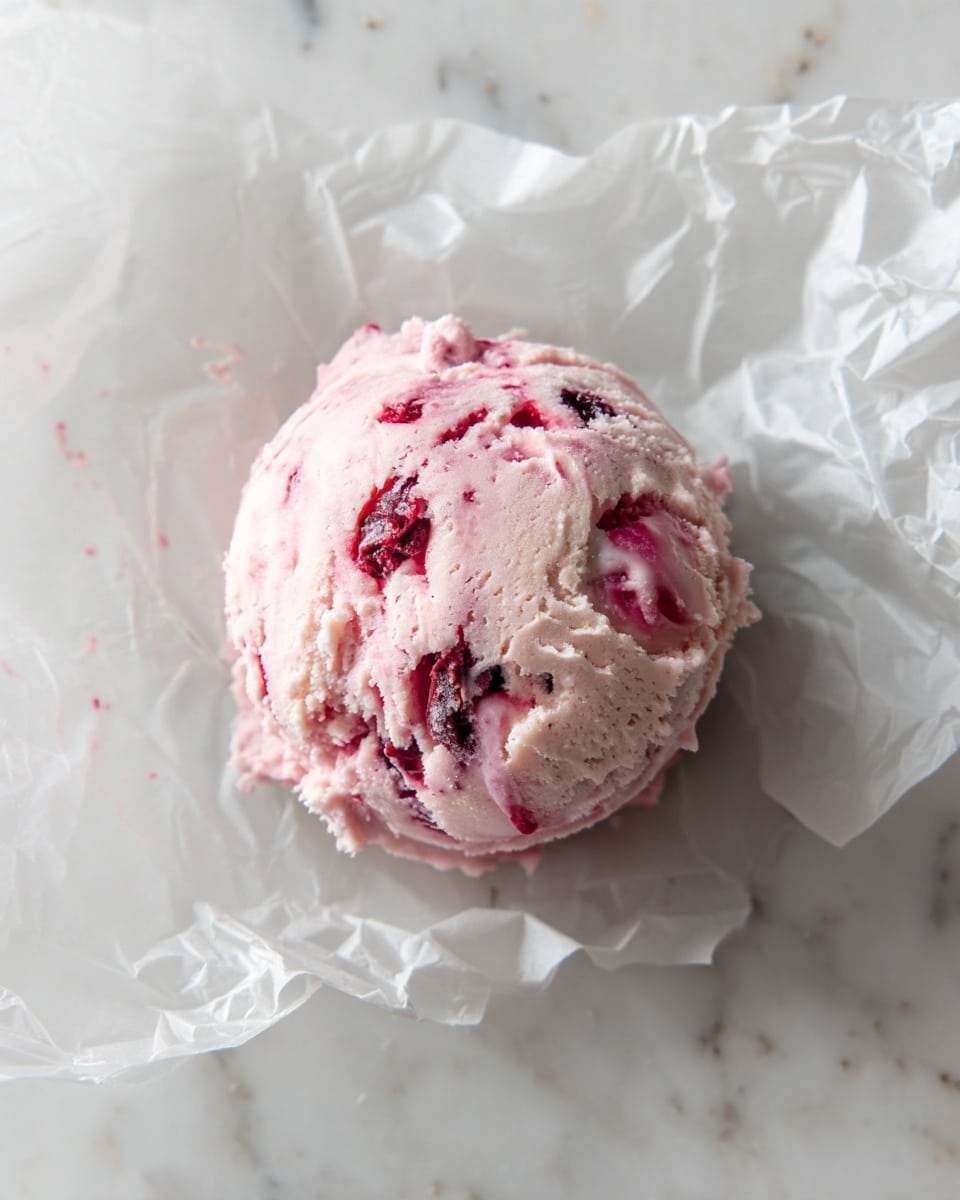 A single scoop of light pink ice cream with visible dark pink swirls and small fruit chunks is placed on a crinkled white wrapper, against a white marbled background. The ice cream has a creamy texture with smooth and slightly rough parts from the swirled fruit. The scoop is rounded and sits alone in the center of the image. photo taken with an iphone --ar 4:5 --v 7