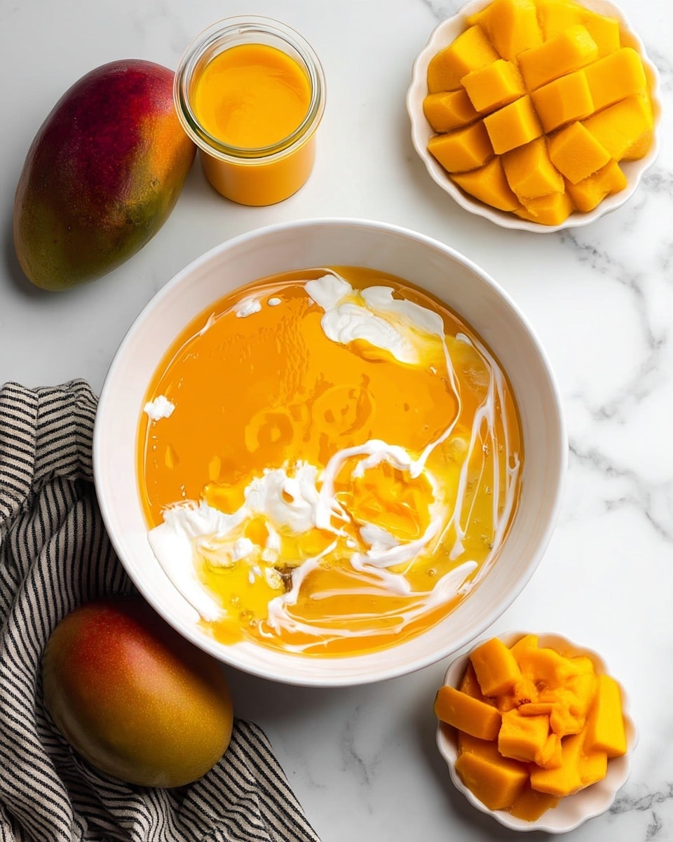 A white bowl filled with three distinct layers: a bright, smooth orange mango puree covering most of the surface, white creamy yogurt streaks blending slightly into the mango puree, and a light yellow liquid layer at the bottom mixing softly with the yogurt and mango. Around the bowl on a white marbled surface, there is a whole mango and a half mango with a grid-like pattern of mango pieces, a small clear jar filled with more orange mango puree, and a small white bowl filled with cubed mango pieces, with a black and white striped cloth nearby. Photo taken with an iphone --ar 4:5 --v 7