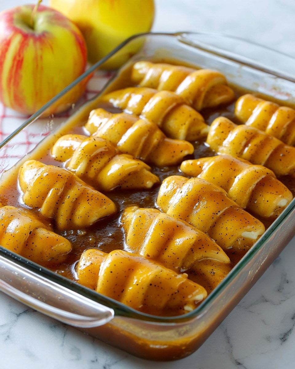 The image shows a glass baking dish filled with golden brown crescent-shaped rolls that have a shiny glaze on top. Each roll is smooth with slightly curved edges and they sit neatly in rows inside the dish. There is a thick, rich brown sauce covering the rolls, with specks of black pepper visible on the surface. In the background, two yellow apples with red streaks are placed on a white marbled surface next to the dish. The photo is bright and clear, capturing the texture and glossy shine of the rolls and sauce well photo taken with an iphone --ar 4:5 --v 7