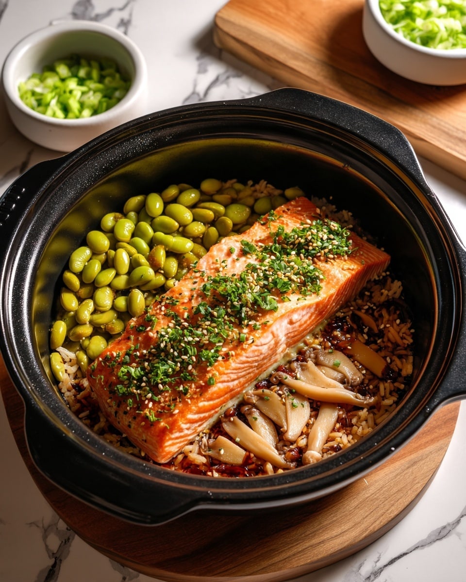 The dish shows a salmon fillet placed at the center of a black cooking pot, topped with chopped green onions and sprinkled with sesame seeds and herbs. Surrounding the salmon are three layers: bright green edamame beans on the left side, light brown shimeji mushrooms on the right, and a base layer of cooked brown rice underneath everything. The pot is open and sits on a white marbled surface with a wooden board and a small bowl with more green onions in the background. The image has soft natural light highlighting the textures and colors. photo taken with an iphone --ar 4:5 --v 7