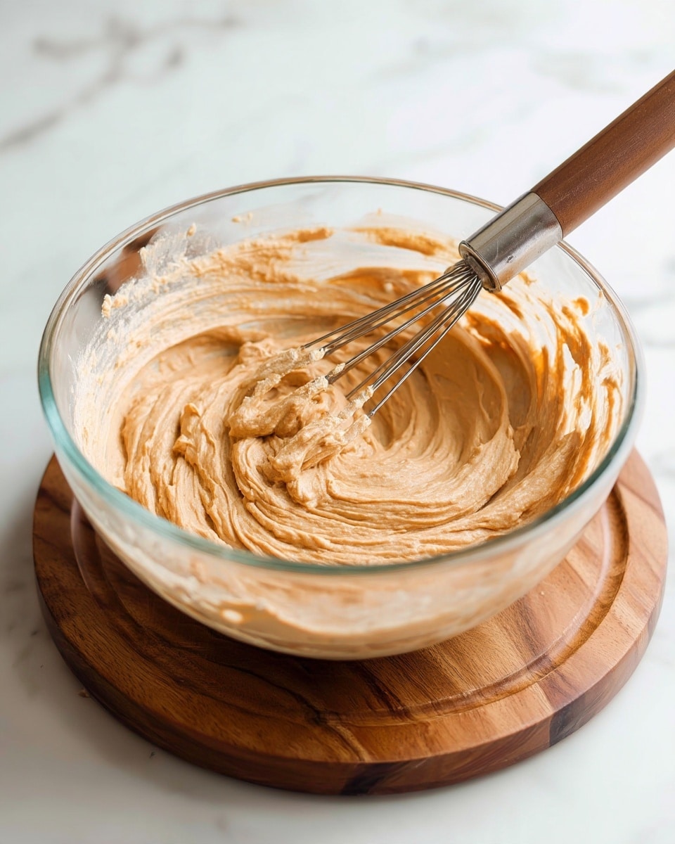 A clear glass mixing bowl filled with a light brown, creamy, and thick mixture with a smooth, whipped texture. A metal whisk is partially embedded in the mixture, showing some of the thick mixture clinging to its wires. The bowl sits on a round wooden board, and the background is a white marbled surface. Photo taken with an iphone --ar 4:5 --v 7