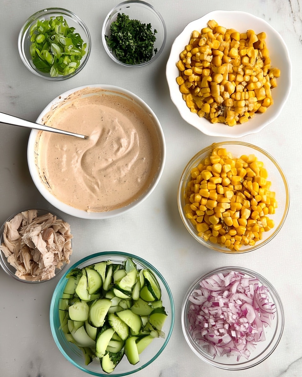 The image shows a top view of several clear and white bowls arranged on a white marbled surface. There is a large white bowl filled with a creamy light brown sauce with a spoon inside. To its right, a white bowl holds bright yellow corn kernels. Above the sauce, a small clear bowl contains chopped green herbs, while to its left, another clear bowl is filled with sliced green onions. Below the sauce, there is a white bowl with light brown shredded chicken pieces. Next to the chicken, a clear bowl holds sliced cucumber pieces with dark green skin and pale green flesh. At the bottom, a small clear bowl contains chopped red onions with a mix of purple-white colors. All the bowls are evenly spaced, creating a neat layout photo taken with an iphone --ar 4:5 --v 7