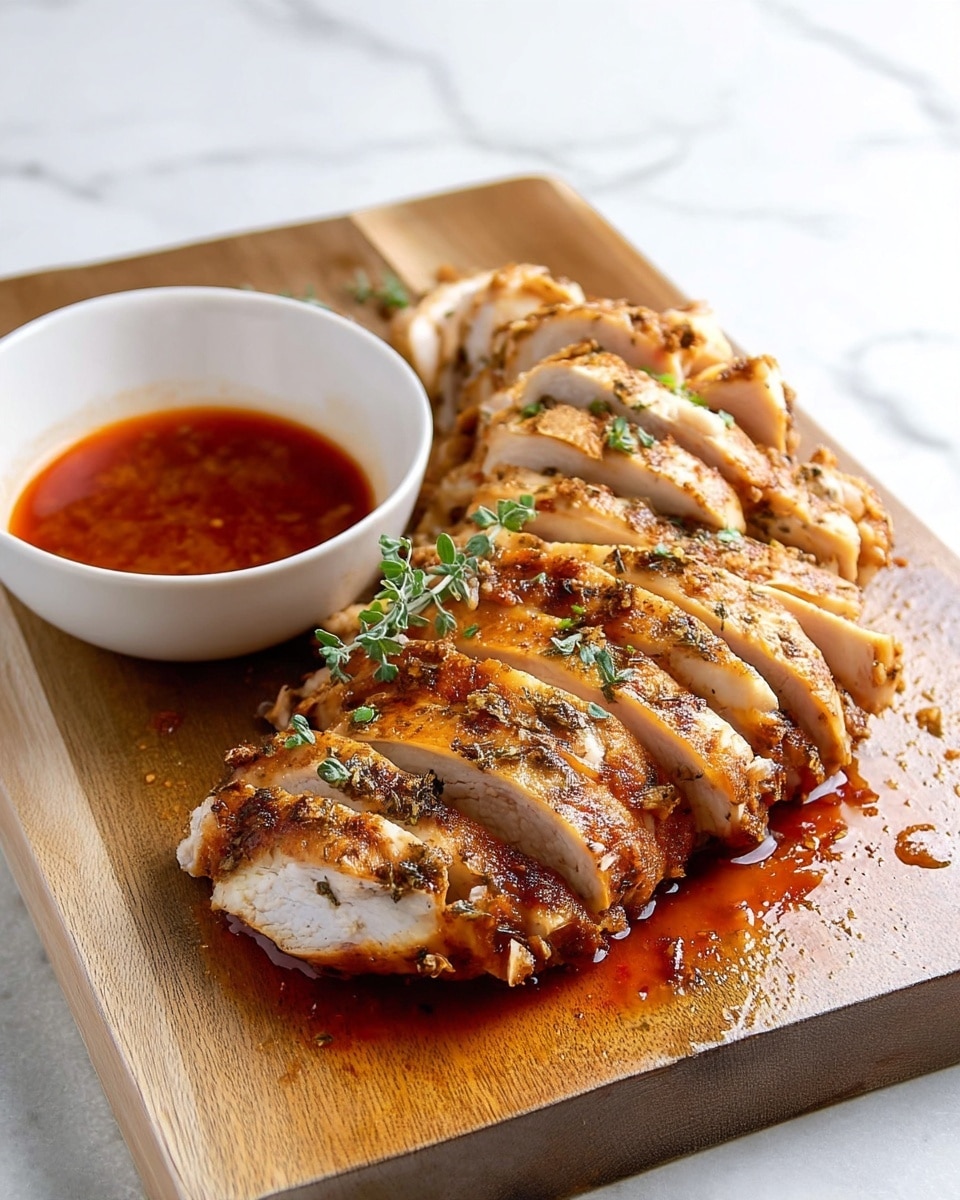 A close-up view of a rectangular gray baking pan filled with three large pieces of cooked chicken covered in a browned, slightly charred herb and spice crust, sitting in a shallow pool of reddish-orange liquid oil and juices. The chicken pieces have a rough textured surface with visible green herbs mixed into the crust, and their edges touch the pan’s sides. The pan is placed on a white marbled surface. Photo taken with an iphone --ar 4:5 --v 7