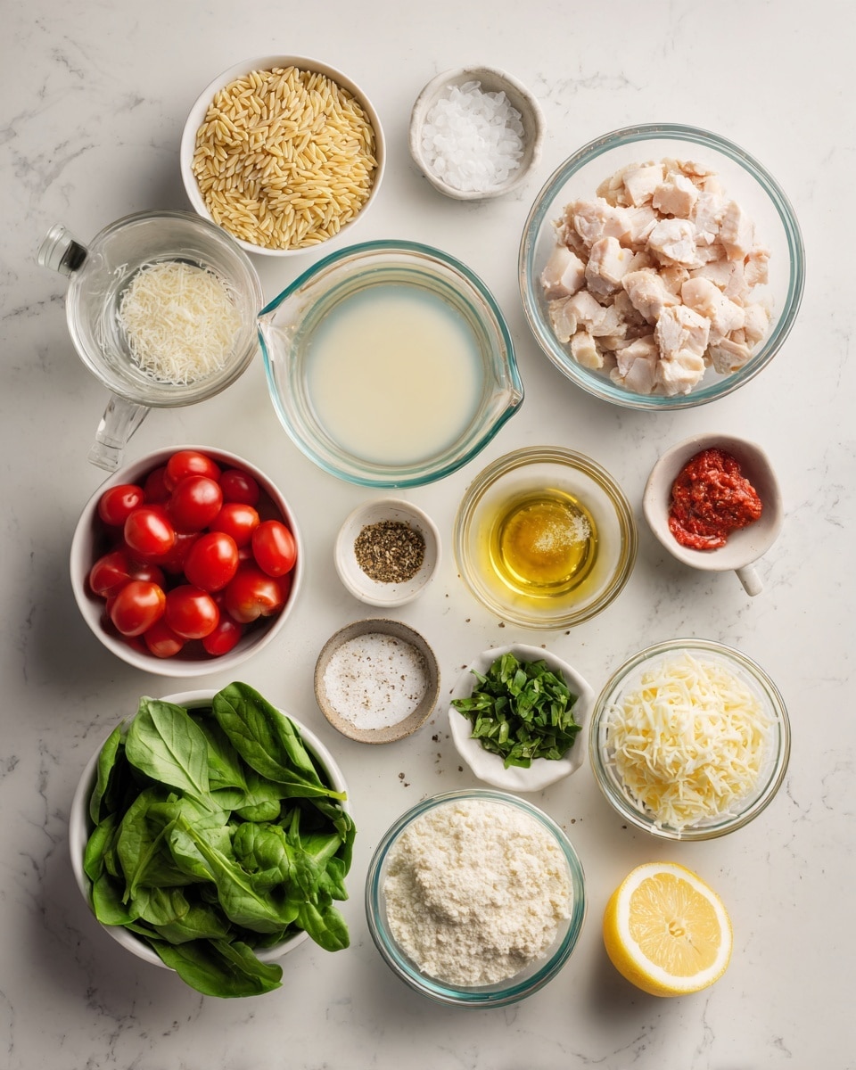 Top-down professional food photography, flat lay style, bright white marble countertop, neatly arranged, evenly spaced, tidy, clean organized layout. Include: small bowl of dry orzo pasta, small bowl of prepared chicken pieces, glass measuring cup of unsalted chicken stock, small glass cup of heavy cream, small bowl of minced garlic, small bowl of grated parmesan cheese, small bowl of shredded mozzarella cheese, small bowl of loosely packed chopped baby spinach leaves, small bowl of whole and halved cherry tomatoes, small glass cup of fresh lemon juice, small bowl of Italian seasoning, small bowl of salt, small bowl of freshly cracked black pepper. Bright soft natural lighting, sharp focus, high detail textures, realistic reflections, professional DSLR look, 4K. No finished dish, no cooked food, no hands, no text, no watermark, no brand logos --ar 4:5 --v 7