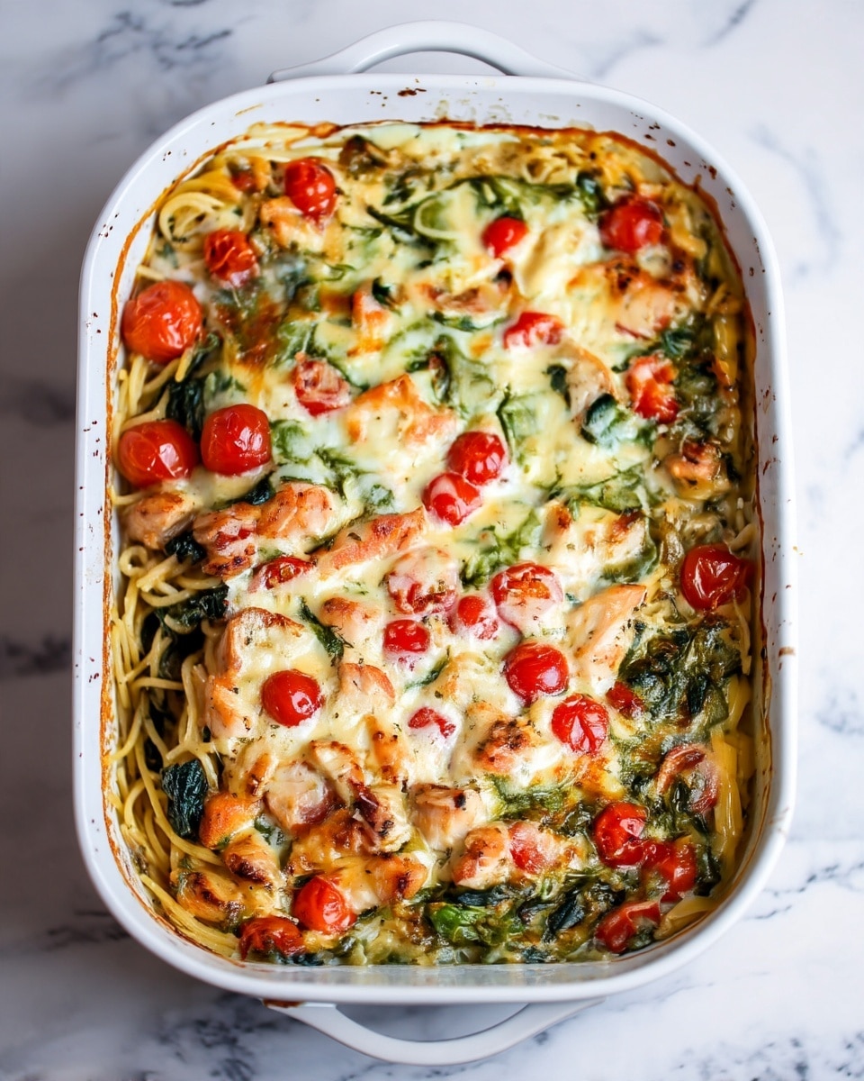 A baked dish in a white rectangular pan filled with several layers: the bottom layer is a mix of cooked pasta lightly golden, followed by a green spinach layer with visible leaf texture, topped with tender cooked chicken pieces that are light golden brown. Scattered evenly across the dish are bright red cherry tomatoes, some whole and some slightly cooked, mixed with a creamy white melted cheese layer that lightly browns on top, all sitting on a white marbled surface. photo taken with an iphone --ar 4:5 --v 7