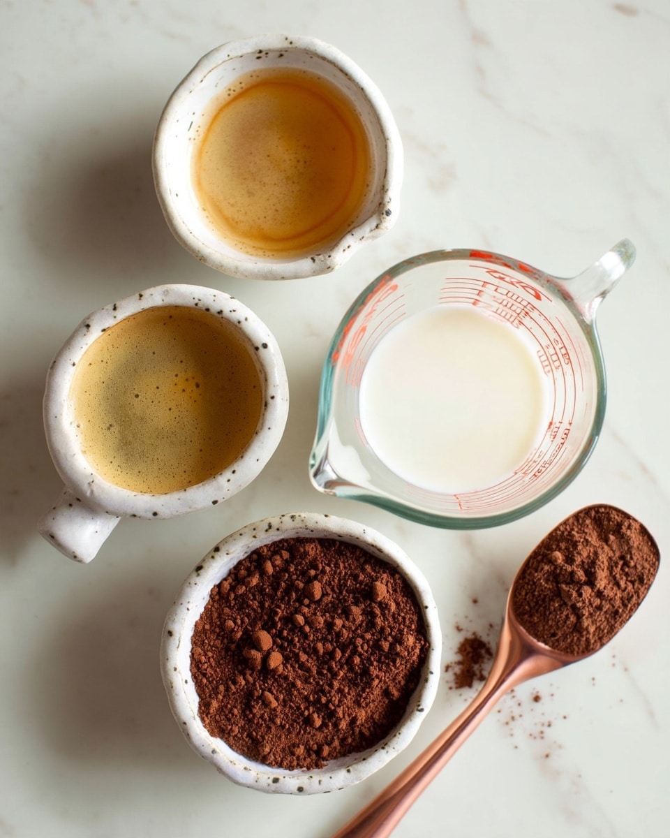 The image shows four small white speckled bowls and a clear glass measuring cup on a white marbled surface. One bowl holds a light brown liquid with a slightly frothy top, another bowl contains a golden liquid, and a third empty bowl is placed near them. A copper spoon filled with dark brown cocoa powder is placed near the bottom right side of the image. The clear measuring cup contains white milk and has red measurement markings on it. The focus is on the textures and colors of the liquids and powder against the simple white marbled background. Photo taken with an iphone --ar 4:5 --v 7