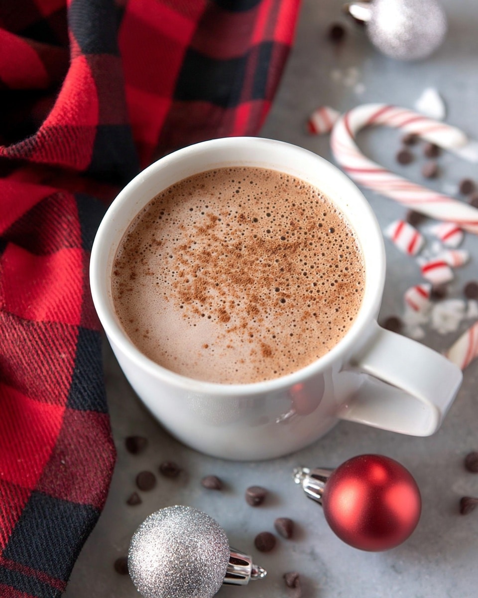 A white mug filled with light brown frothy hot chocolate, slightly swirled on top with fine cinnamon or cocoa powder. The mug is placed on a white marbled surface scattered with small broken pieces of red and white candy canes, dark chocolate chips, and sparkling silver, red, and white Christmas ornaments. A red and black plaid fabric is partially seen on the upper left corner. photo taken with an iphone --ar 4:5 --v 7