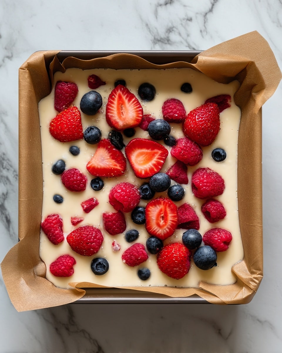 The image shows a square baking pan lined with brown parchment paper filled with a smooth, light cream-colored batter. Scattered on top are whole and sliced red strawberries, small red raspberries, and several small dark blueberries creating a colorful contrast against the pale batter. The sides of the parchment paper are folded neatly inside the pan. The pan is placed on a white marbled surface. photo taken with an iphone --ar 4:5 --v 7