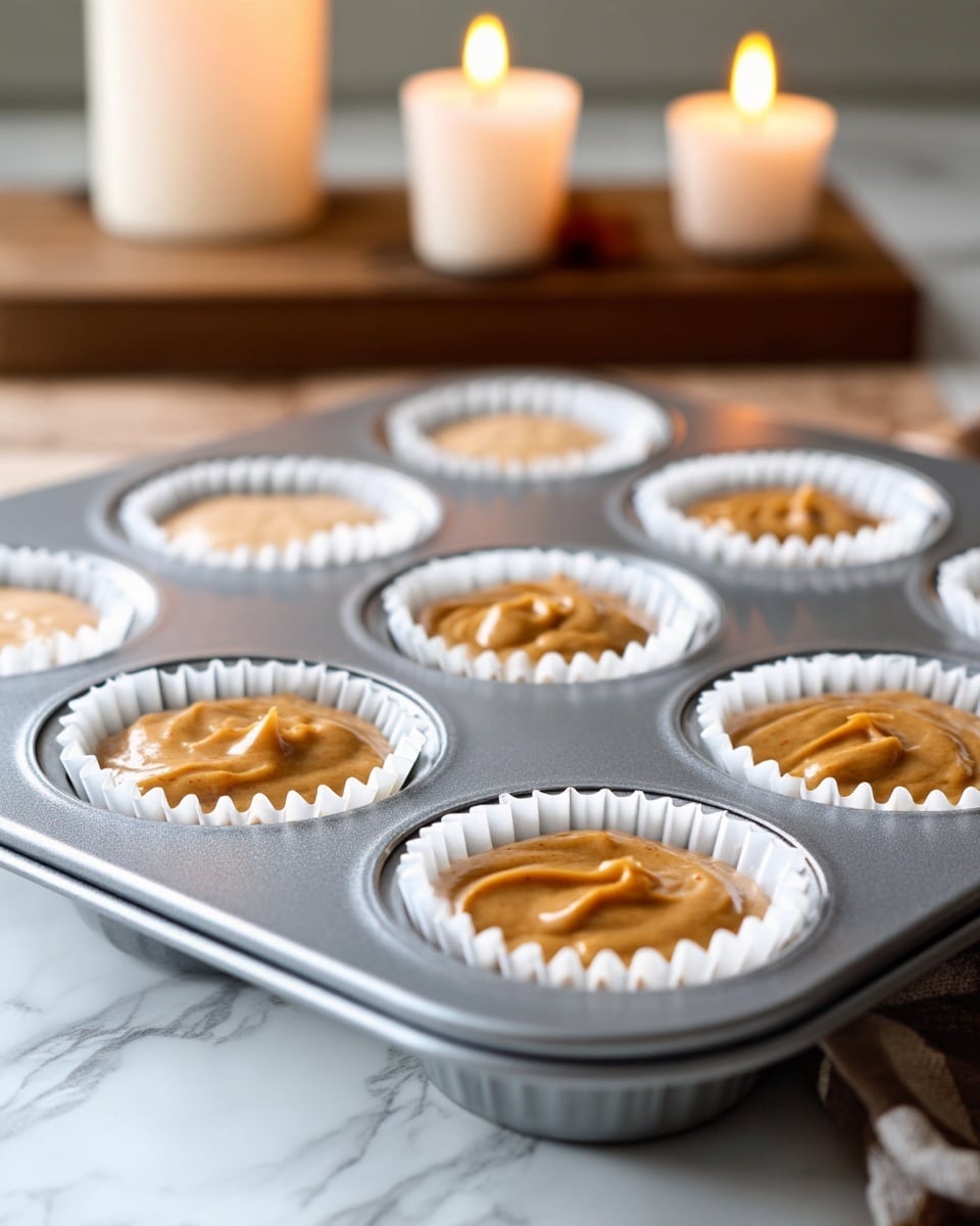 A close-up view of a metal muffin tray with nine cavities, each lined with white paper cupcake cups filled with light brown batter that looks smooth and creamy, filling each cup almost to the top. In the blurry background, there are two lit candles on a wooden surface. The whole setup is placed on a white marbled texture surface. photo taken with an iphone --ar 4:5 --v 7