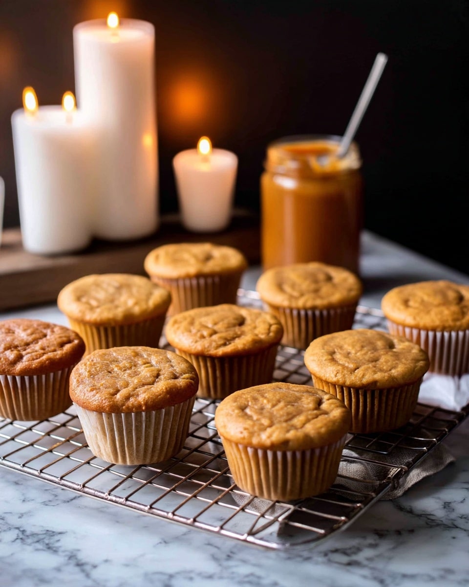 A group of nine golden-brown muffins with slightly textured tops sit evenly spaced on a metal cooling rack. The muffins are in beige paper liners and have a soft, warm appearance. In the background, there are softly lit white candles and a glass jar filled with a smooth, golden spread, all placed on a white marbled surface. The scene has a cozy and inviting feel with warm lighting and a dark, blurred background. Photo taken with an iphone --ar 4:5 --v 7