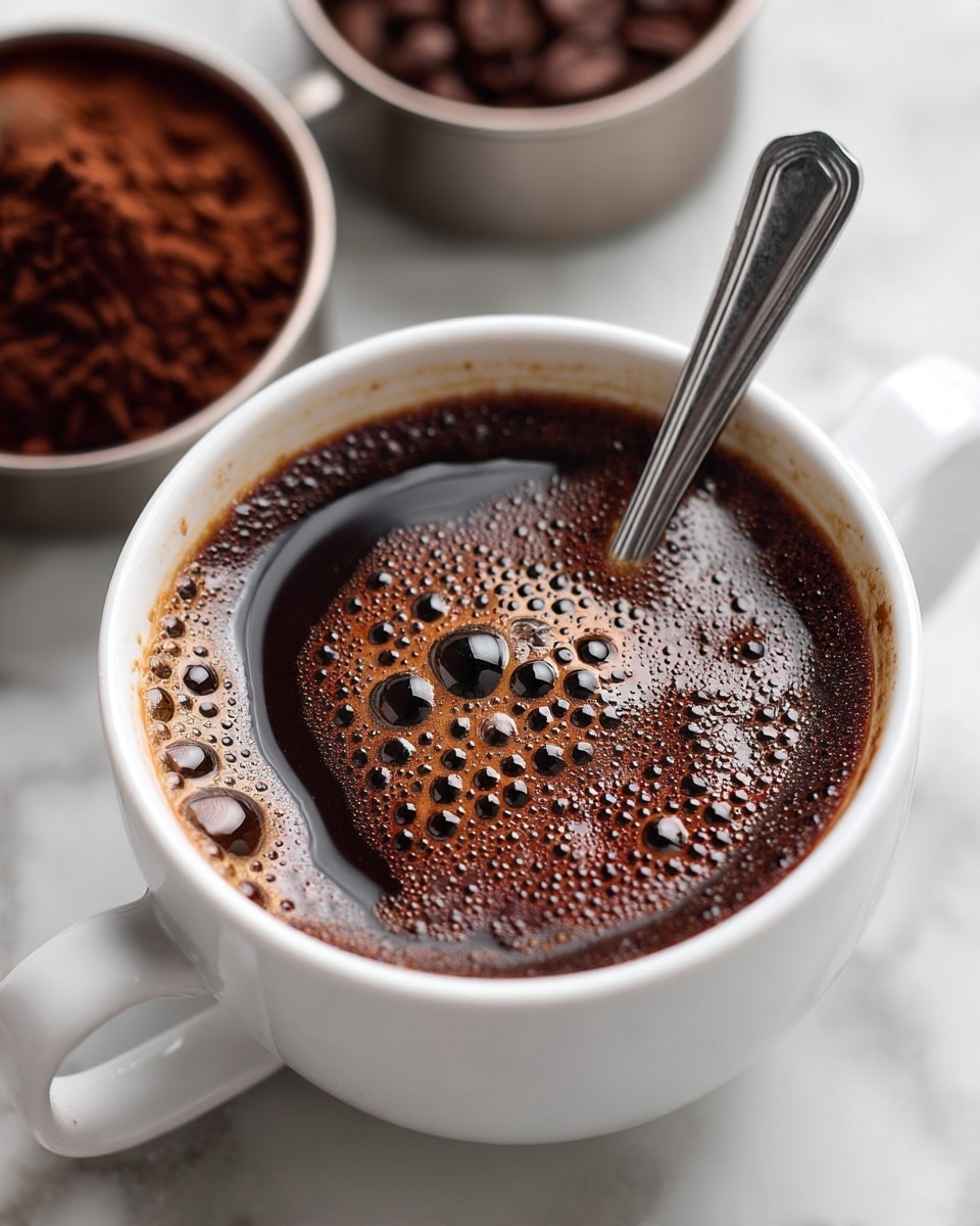 A white cup filled with dark brown coffee showing a rich texture of bubbles mainly around the edges with a few in the center. Inside the cup, a silver spoon rests on the right side, partially submerged in the liquid. The cup sits on a white marbled surface with two small stainless steel containers filled with ground coffee powder blurred in the background. photo taken with an iphone --ar 4:5 --v 7