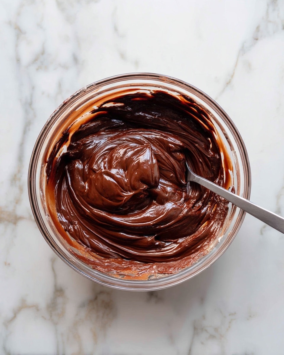 A clear glass bowl sits on a white marbled surface, filled with thick, dark brown chocolate batter that has a glossy, rich texture. The batter covers most of the inside of the bowl, with streaks of chocolate along the sides. A metal spoon is partially submerged on the right side, resting inside the batter. Photo taken with an iphone --ar 4:5 --v 7