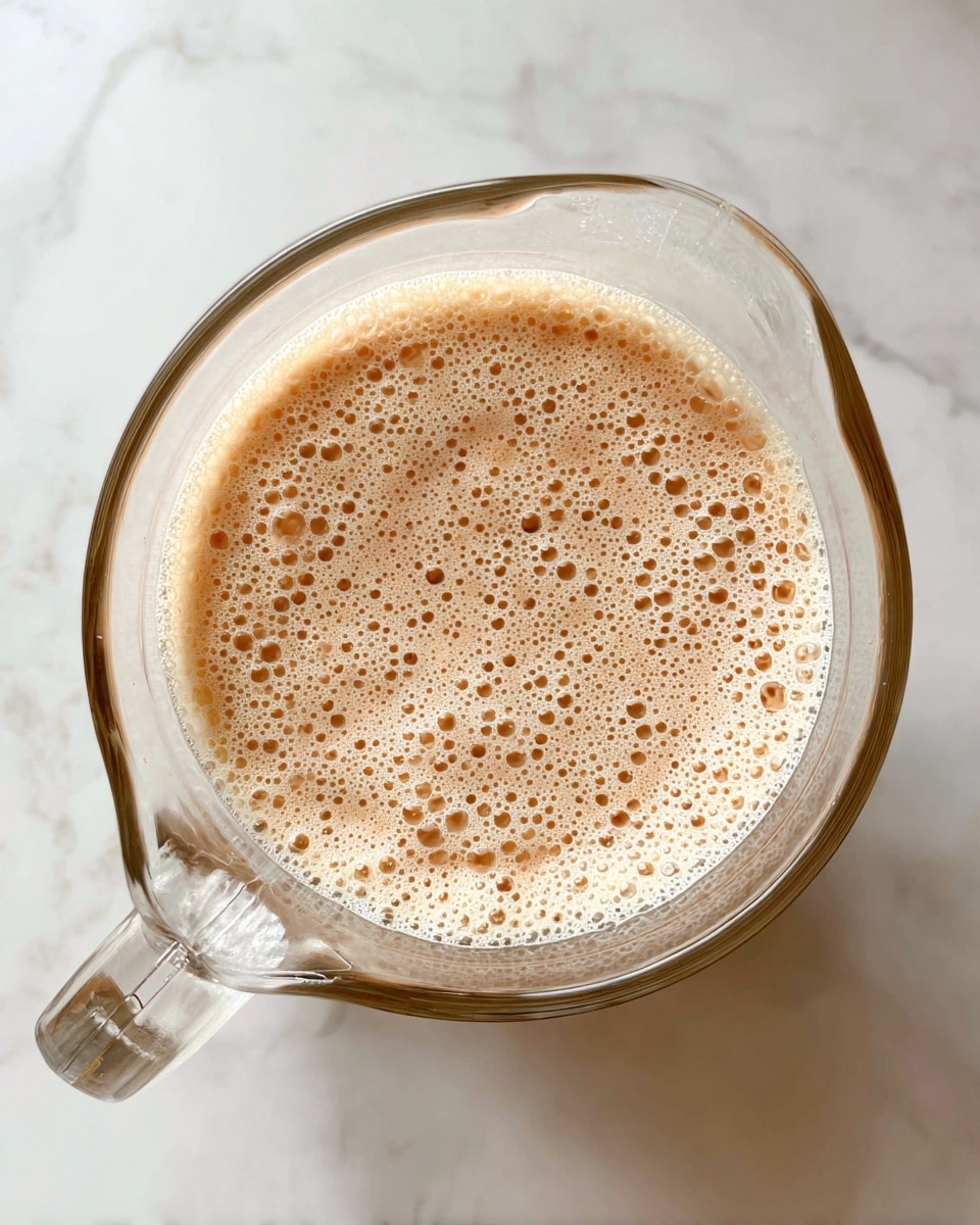 A clear glass measuring cup filled with a light tan, bubbly, and frothy mixture that has a slightly foamy texture on top. The mixture fills about half of the cup, showing small holes and bubbles throughout. The cup is placed on a white marbled surface. Photo taken with an iphone --ar 4:5 --v 7