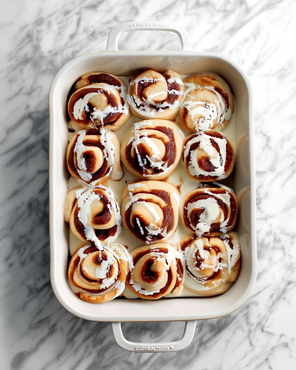 A white rectangular baking dish filled with twelve cinnamon rolls arranged in three rows of four. Each roll has a soft, light brown dough base swirled with a darker cinnamon filling, creating a spiral pattern. The rolls are topped with white icing drizzled unevenly over the surface, giving a creamy contrast to the cinnamon color. The dish sits on a white marbled surface. photo taken with an iphone --ar 4:5 --v 7