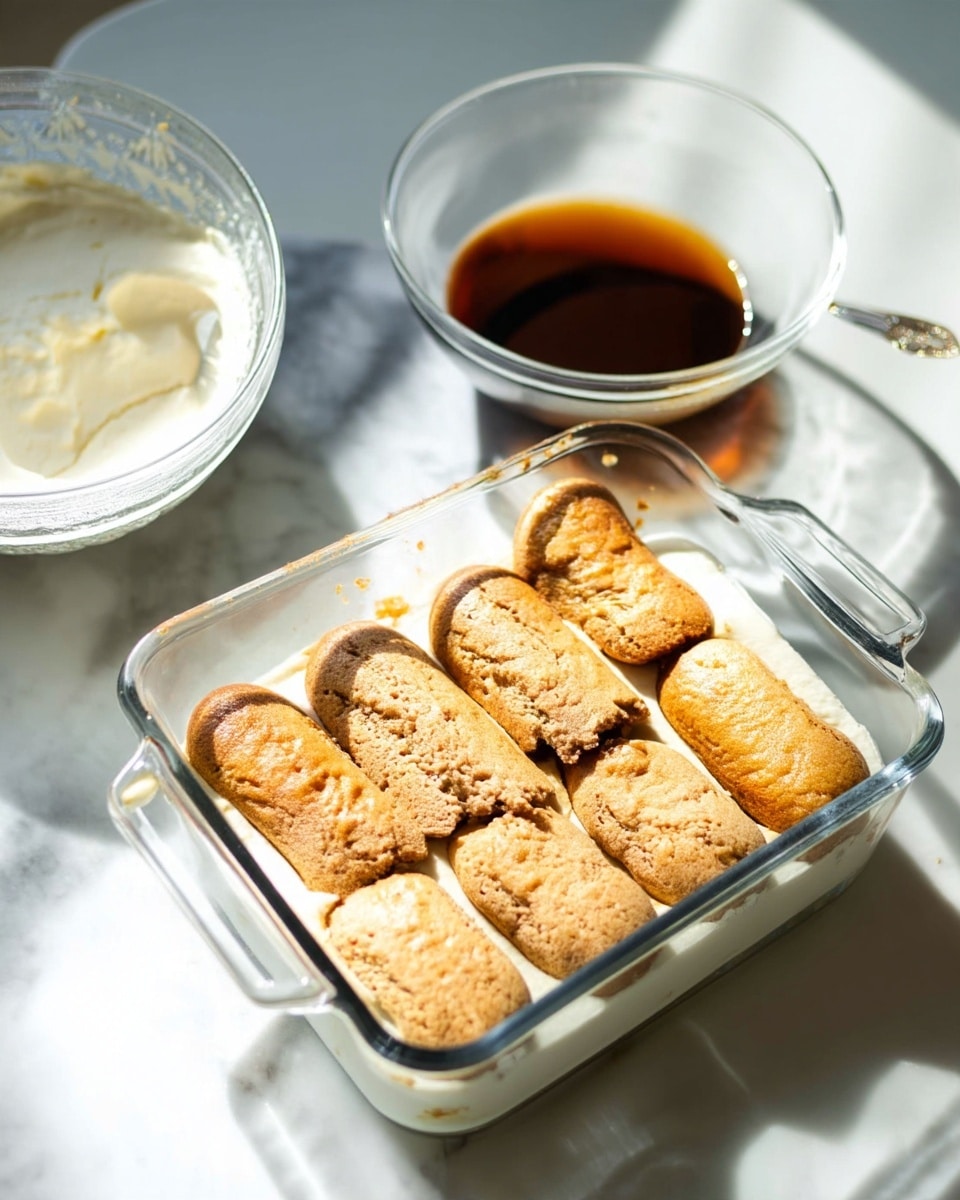 The image shows a clear rectangular glass dish with a bottom layer of white creamy mixture, topped with one layer of evenly placed light brown ladyfinger cookies that have a slightly rough texture and some darker edges, arranged in two rows of four each. To the left of the dish, there is a close-up of a glass bowl filled with more white creamy mixture. Behind the dish, a partially visible glass cup contains a dark brown liquid. The dish is set on a white marbled surface, with bright natural light creating soft shadows across the scene. Photo taken with an iphone --ar 4:5 --v 7