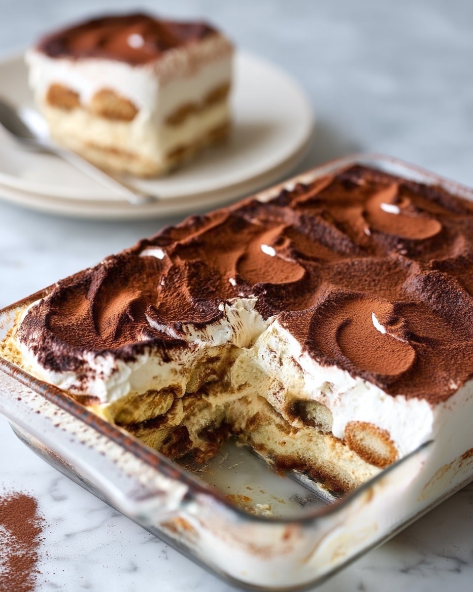 The image shows a rectangular glass dish of tiramisu with a section removed from the front right corner, revealing three layers inside. The bottom layer is light brown soaked ladyfingers, the middle layer is creamy off-white mascarpone filling with visible soft textures, and the top layer is thick white cream dusted heavily with dark brown cocoa powder spreading evenly across the surface in soft swirls. In the background, a slice of the tiramisu sits on a white plate on a white marbled surface. The focus is on the main dish, showing the smooth and light texture of the cream and the richness of the cocoa topping photo taken with an iphone --ar 4:5 --v 7