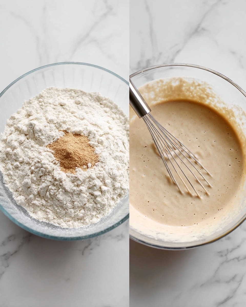 Two photos side by side show a clear glass bowl on a white marbled surface. The left side shows dry ingredients in the bowl: a pile of white flour with a small mound of light brown powder on top and a metal whisk resting inside. The right side shows the same bowl after mixing, filled with a smooth, light beige batter with small bubbles on the surface and the metal whisk inside. photo taken with an iphone --ar 4:5 --v 7