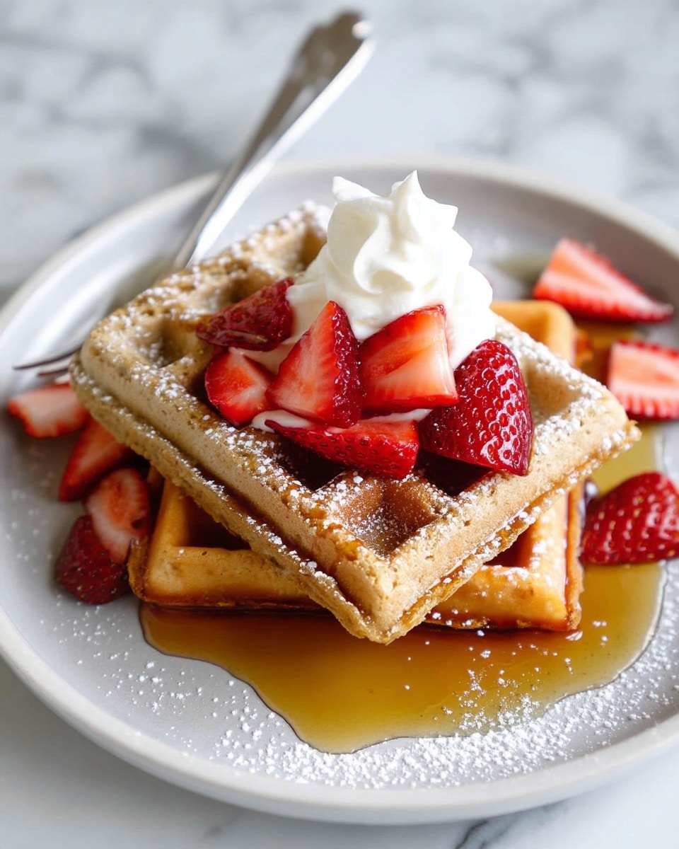 The image shows two light brown waffle quarters stacked on a white plate, with a small pile of maple syrup pooled underneath and beside them. On the top waffle, there is a dollop of white whipped cream topped with several red strawberry slices. More strawberry pieces are scattered around the waffles on the plate. A silver fork rests on the edge of the plate against a white marbled surface. The waffles have a soft texture and are dusted lightly with powdered sugar. Photo taken with an iphone --ar 4:5 --v 7