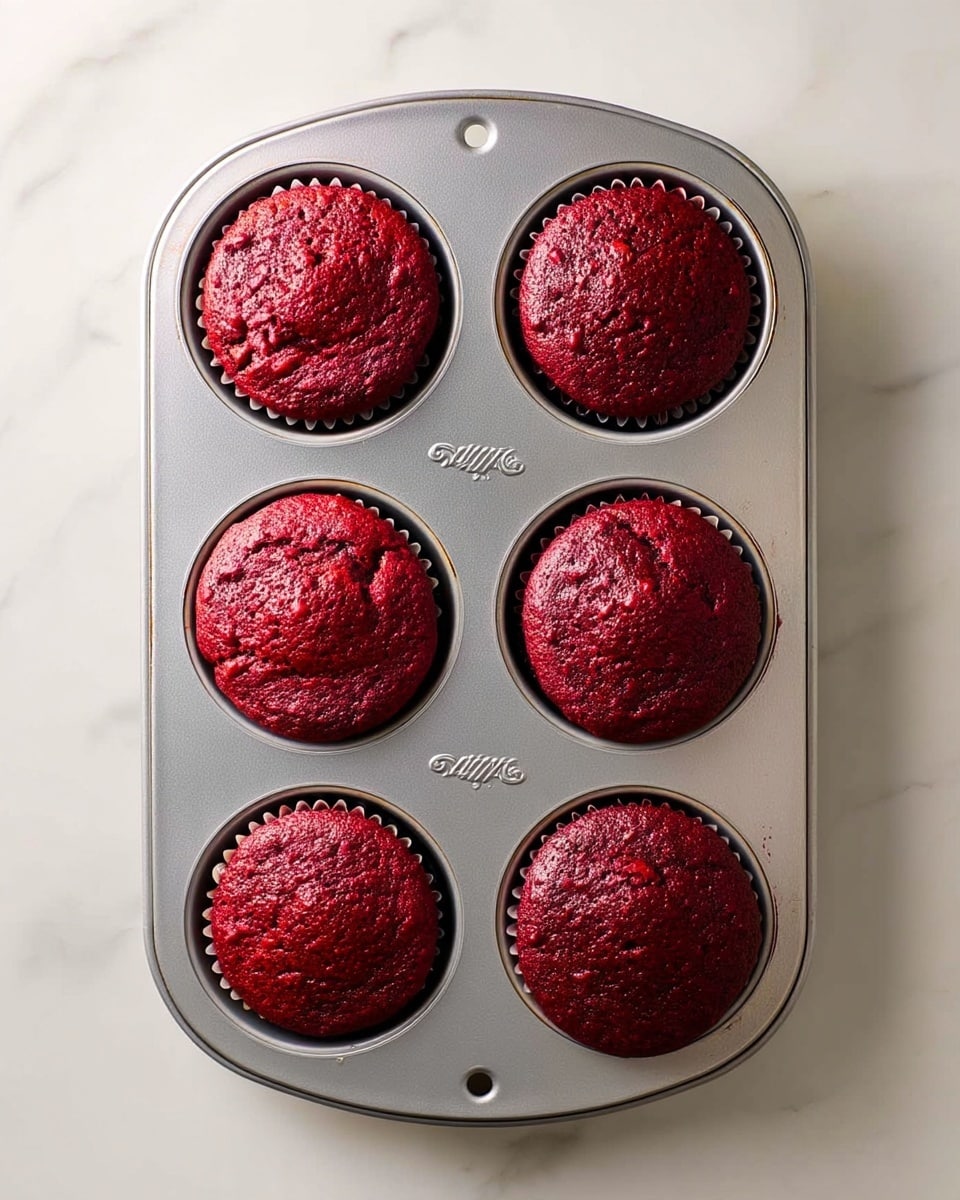 The image shows six freshly baked deep red cupcakes tightly placed inside a silver metal muffin tray with round moulds. Each cupcake has a slightly cracked and moist surface texture, with a rich, dark red color that contrasts with the shiny silver tray. The tray rests on a white marbled surface with a subtle grid pattern visible underneath, creating a clean and bright background. The cupcakes appear evenly baked, with smooth, rounded tops, filling each mold precisely. photo taken with an iphone --ar 4:5 --v 7
